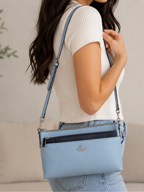 Coach Handbags - Coach East West Crossbody Bag Blue Leather Zip Pouch Set